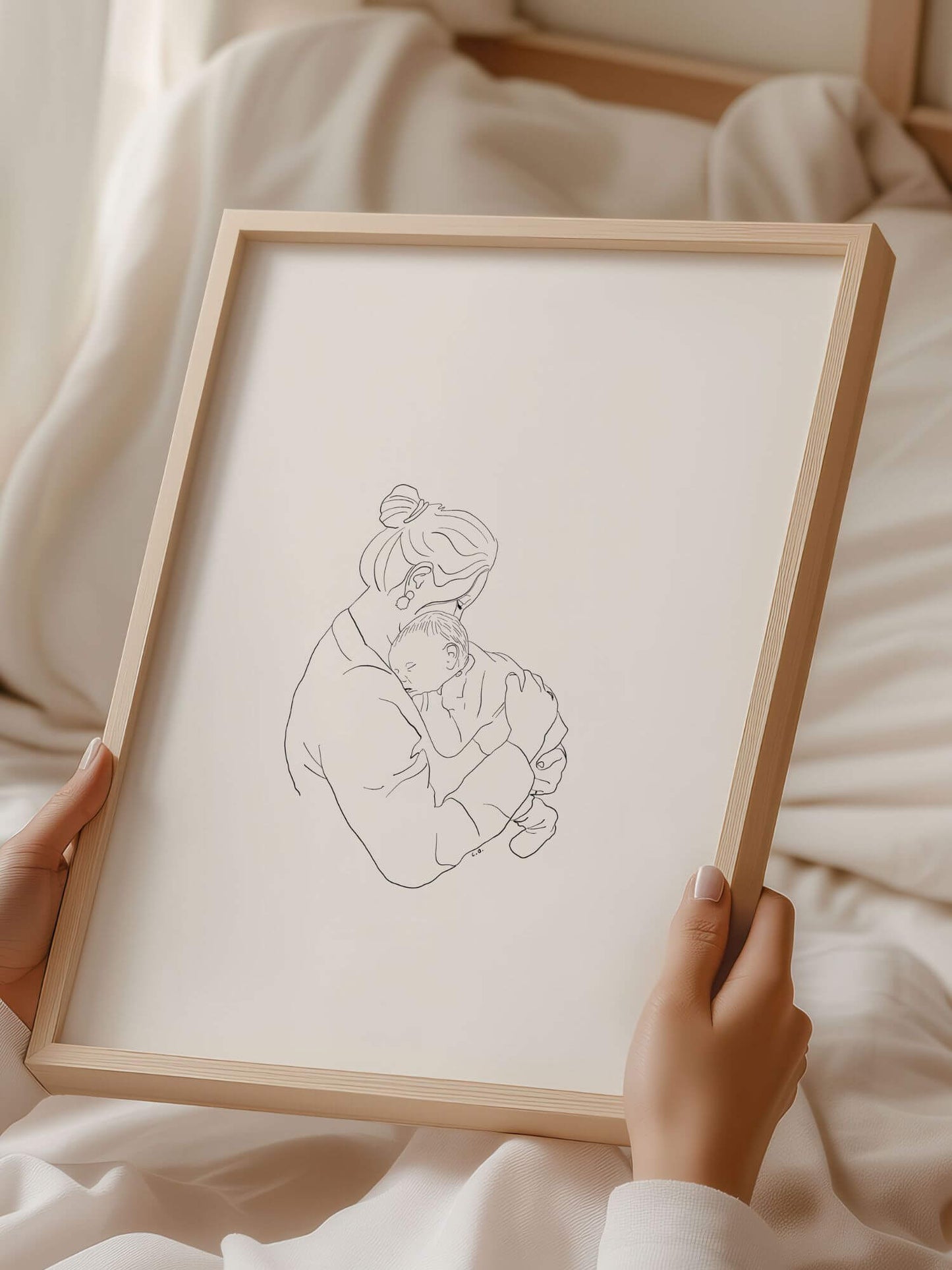 Gepersonaliseerde lijntekeningen moeder en kind. Persoonlijke kunst.Minimalistische stijl