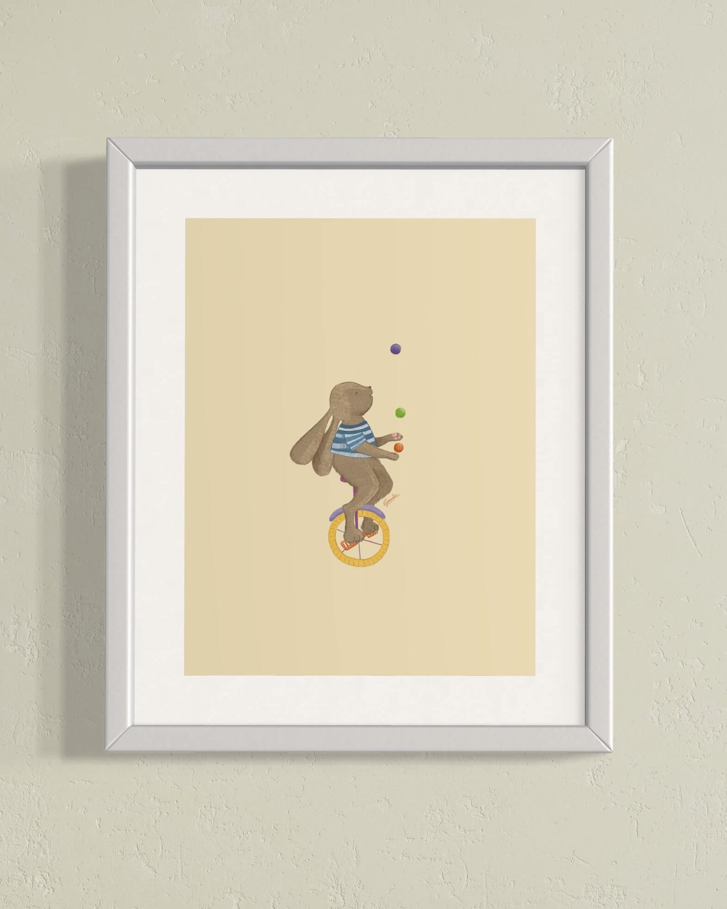 Kids room poster circus bunny pastel yellow in frame on light yellow wall, trendy kids room design A4 and A3 size
