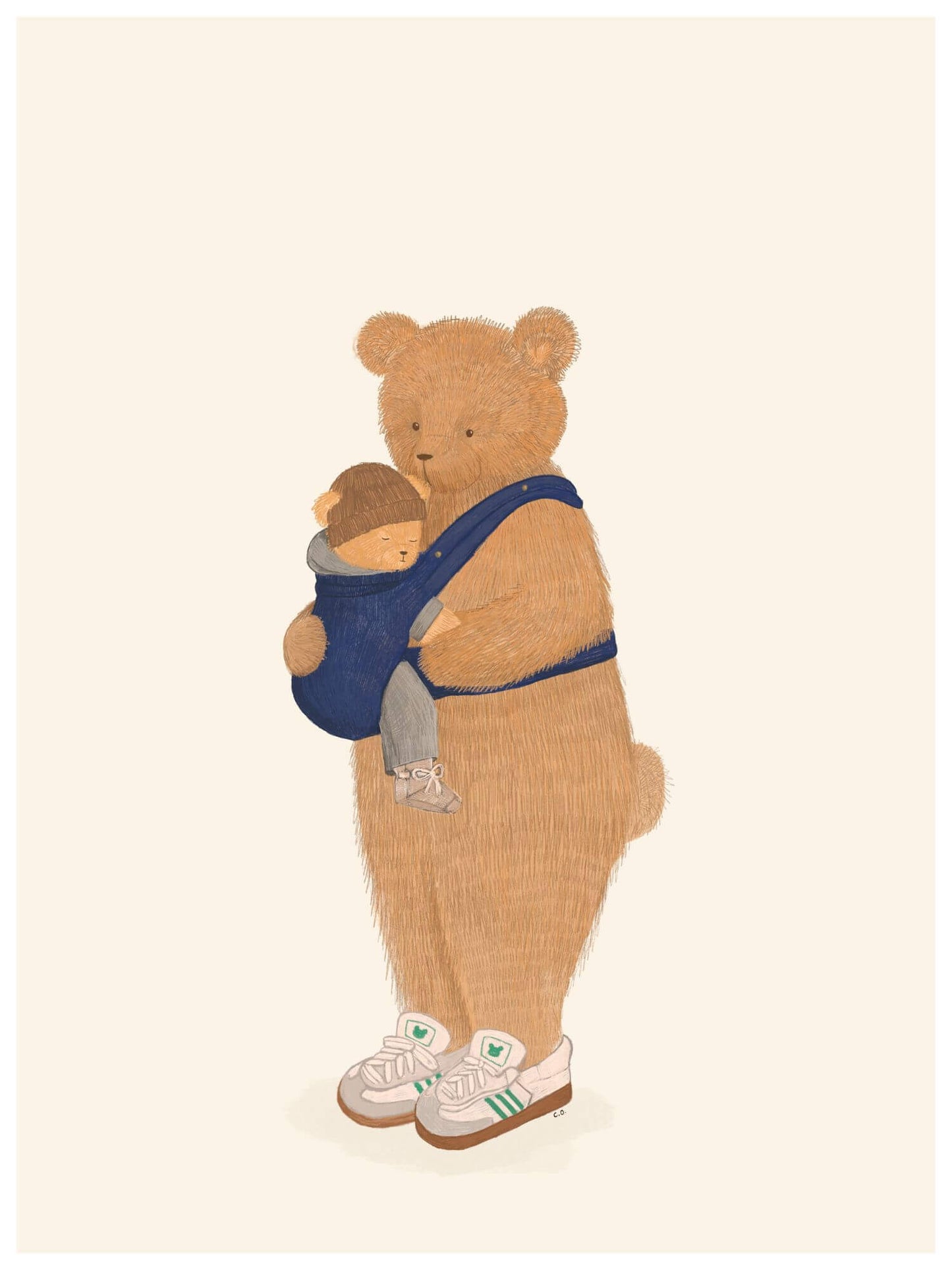 Kinderkamerposter uit de Yuppen-ouder collectie, gestyled met Artipoppe draagzak, HVID slofjes en Engel Natur wollen pakje in een warme babykamer.