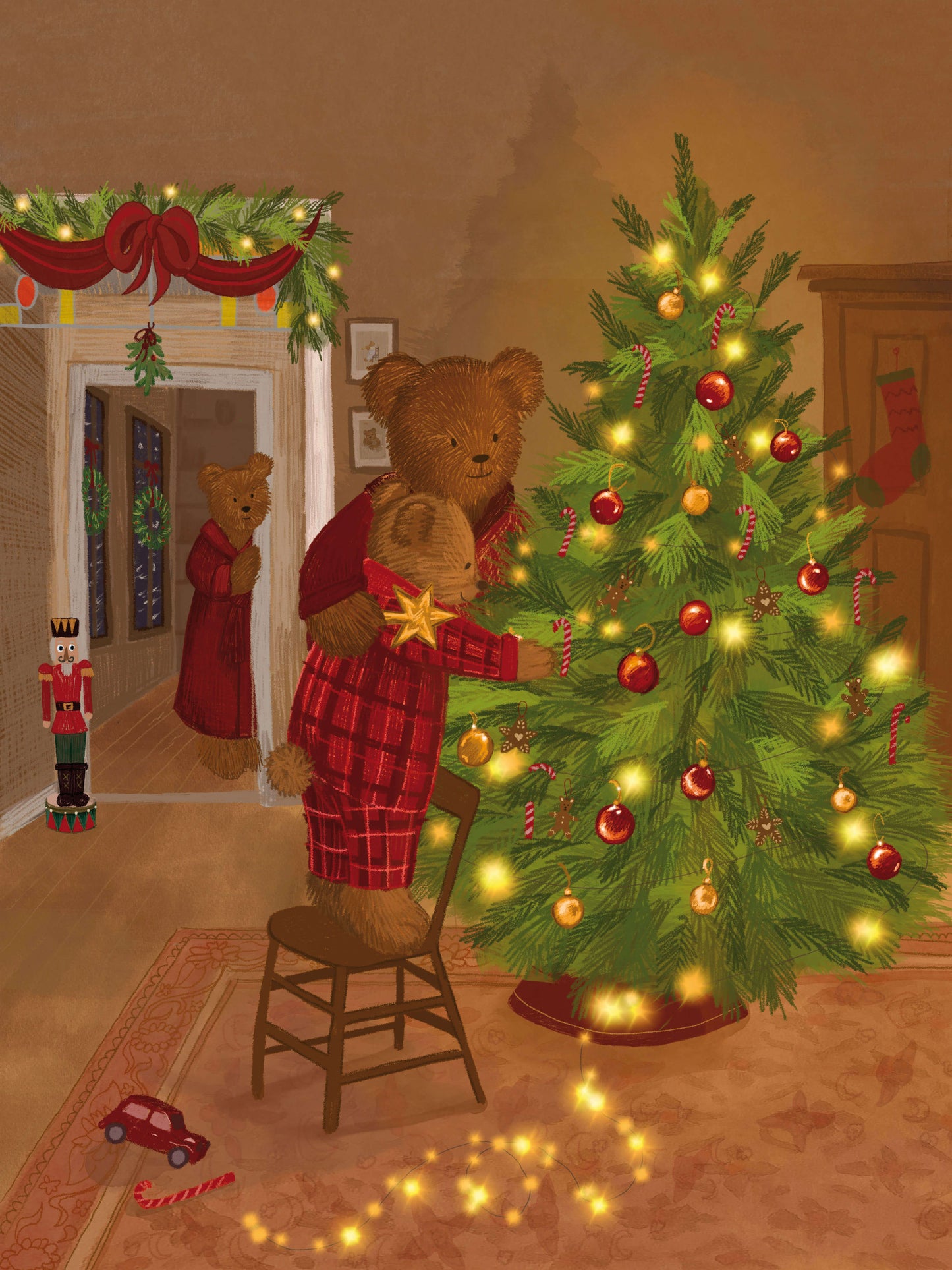 1 kind: “Illustratie van een berenfamilie met één kind die samen de kerstboom versiert. Gepersonaliseerde kerstposter van Blueberry Baby.”