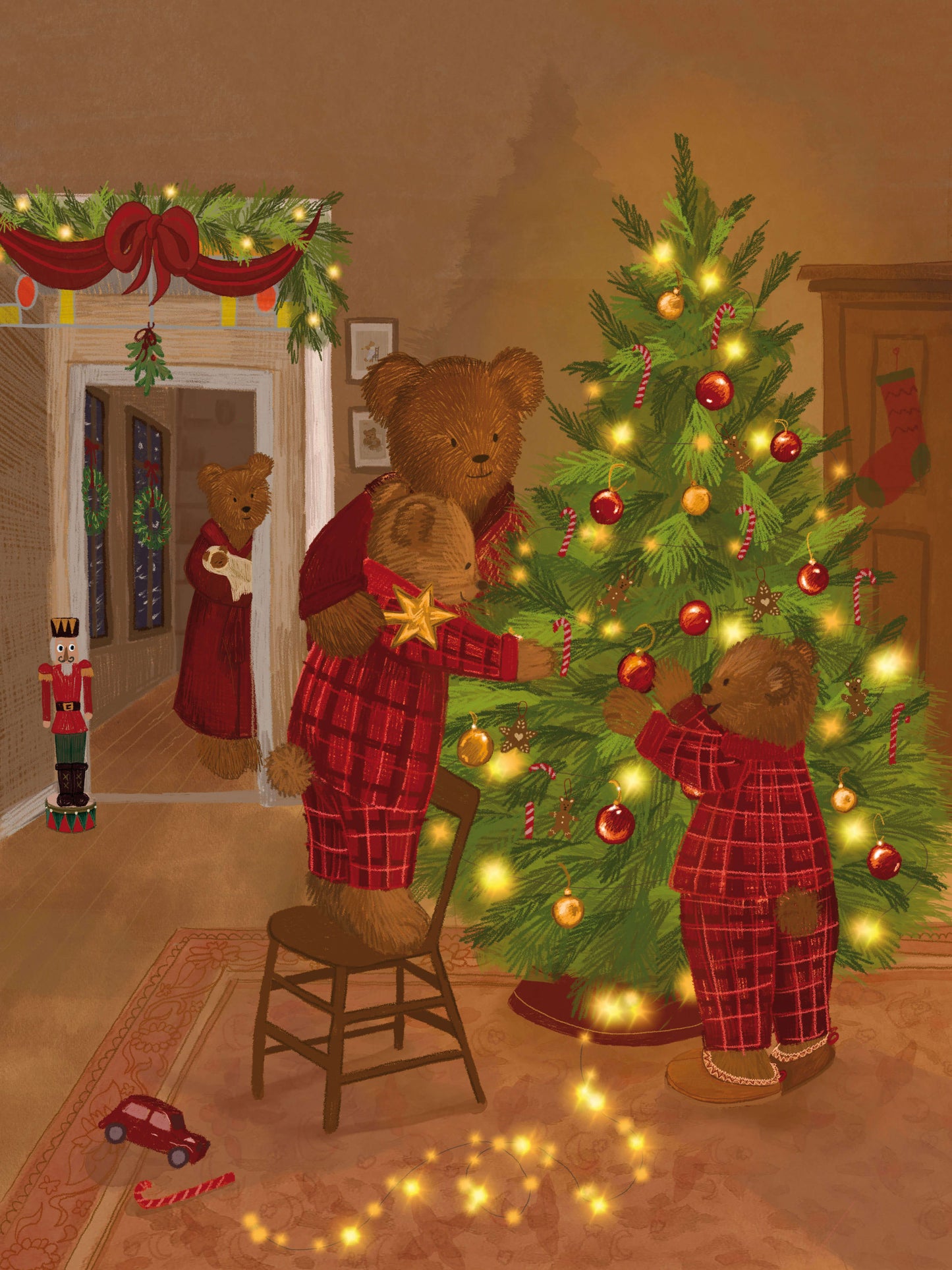 2 kinderen + baby: Kerstillustratie van een berenfamilie met twee kinderen en een baby in warme pyjama’s. Blueberry Baby poster.