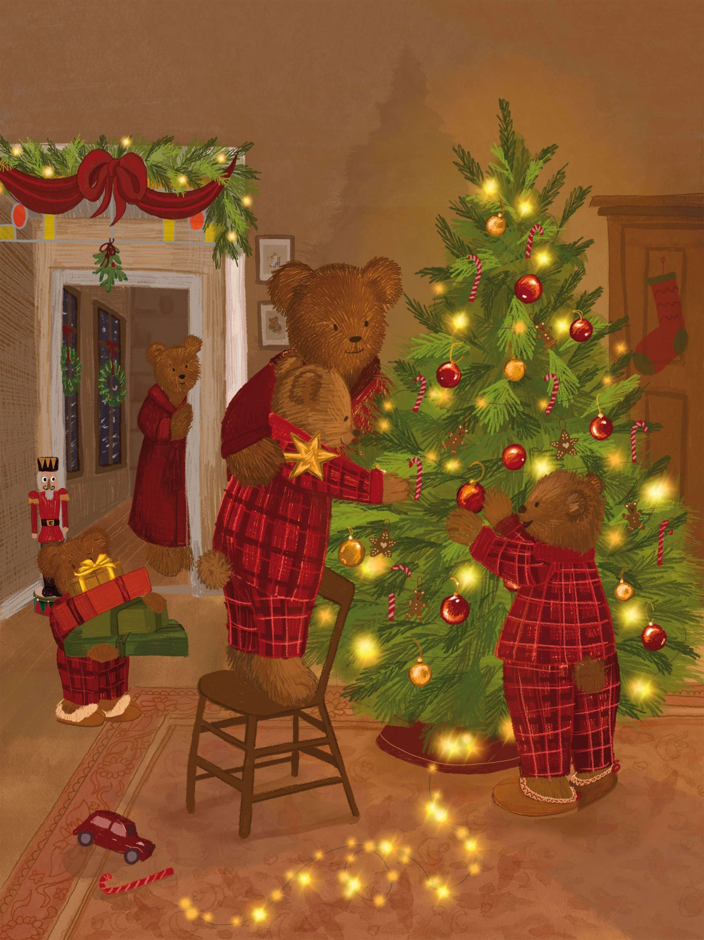 3 kinderen: Warme illustratie van een berenfamilie met drie kinderen die samen kerst vieren. Gepersonaliseerde kerstposter van Blueberry Baby.