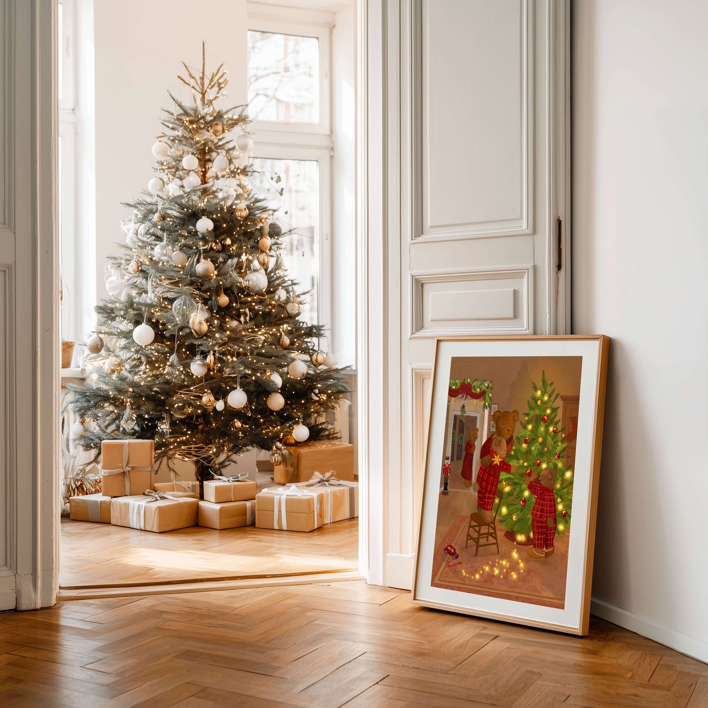 Gepersonaliseerde kerstposter – Berenfamilie bij de kerstboom 30x40cm
