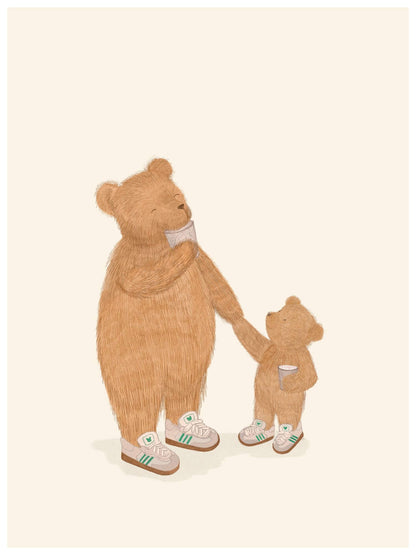Kinderkamerposter uit de Yuppen-ouder collectie met een koffiemoment tussen beren, gedrukt op premium papier – stijlvolle babykamerdecoratie