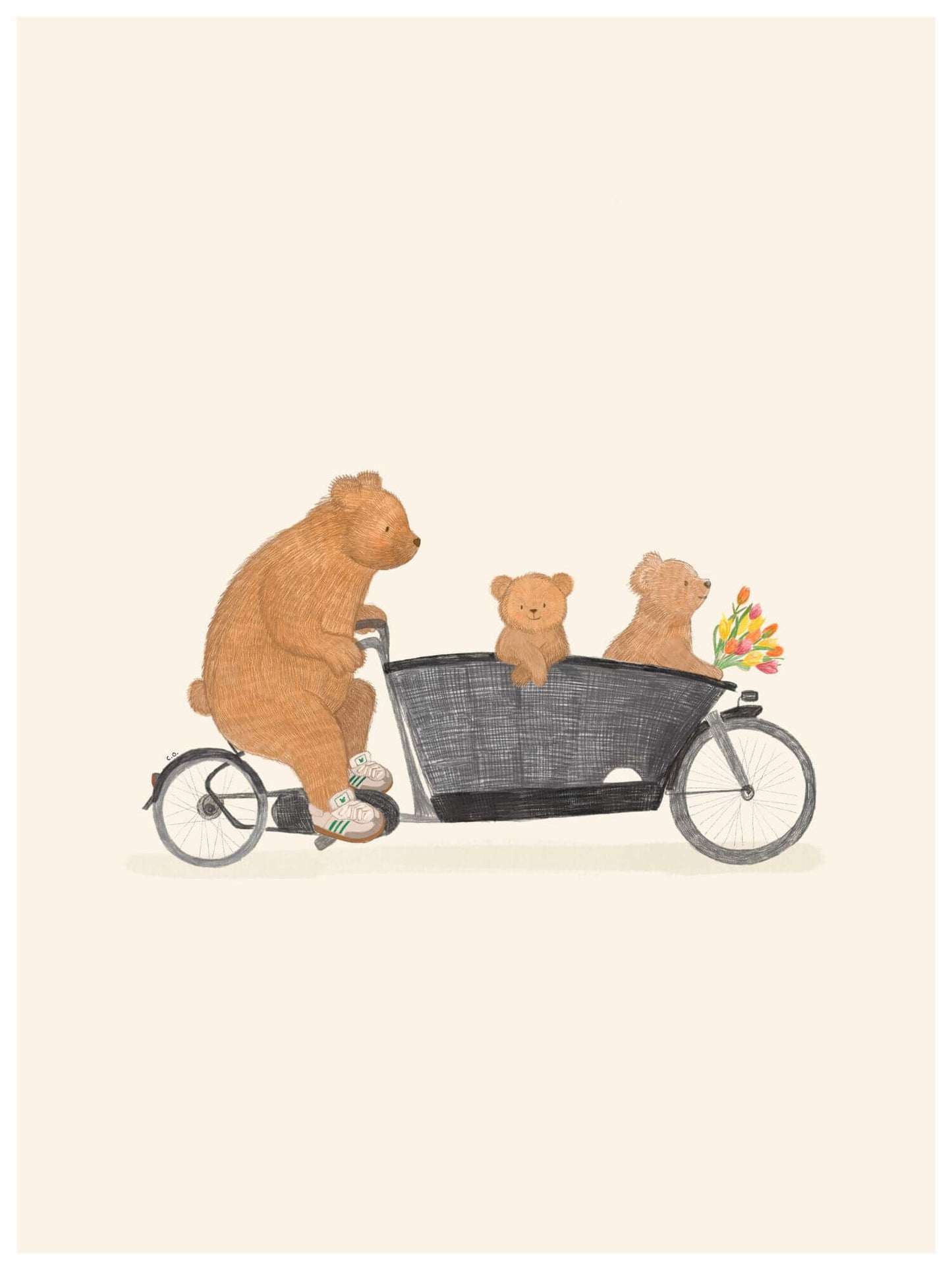 Kinderkamerposter uit de Yuppen-ouder collectie met twee beren in een Urban Arrow bakfiets en tulpen, in zandkleurige babykamerstijl.