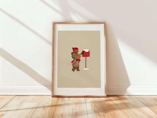 Sfeerbeeld kerstposter. Brieven posten in rode brievenbus schattige berenposter voor de kinderkamer 