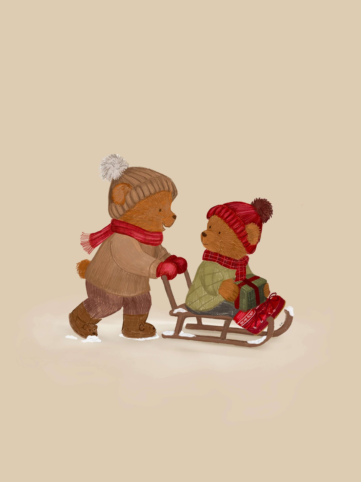 Kerstposter kinderkamer - Beertjes op de slee