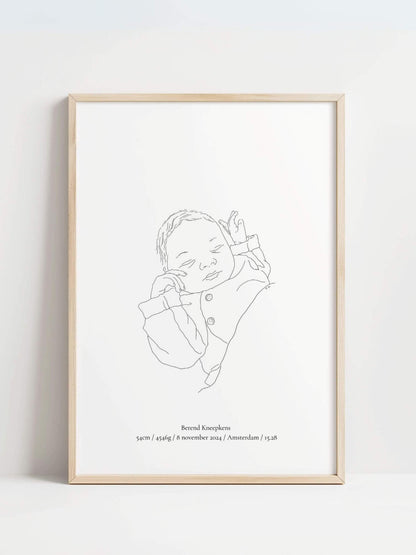 Gepersonaliseerde geboorteposter lijntekening baby, geboortedatum, naam een gewicht. Kinderkamerkunst. Blueberry baby