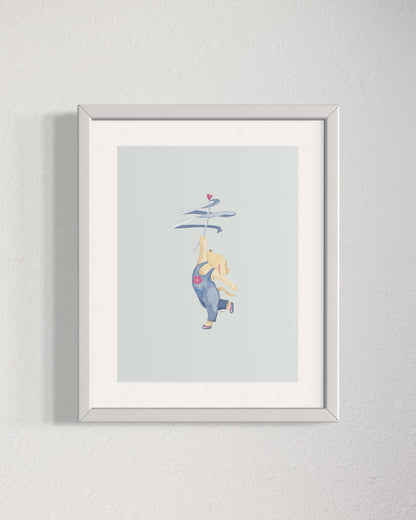 Kids poster Dancer dog pastel blue A4 and A3 size in frame on the wall