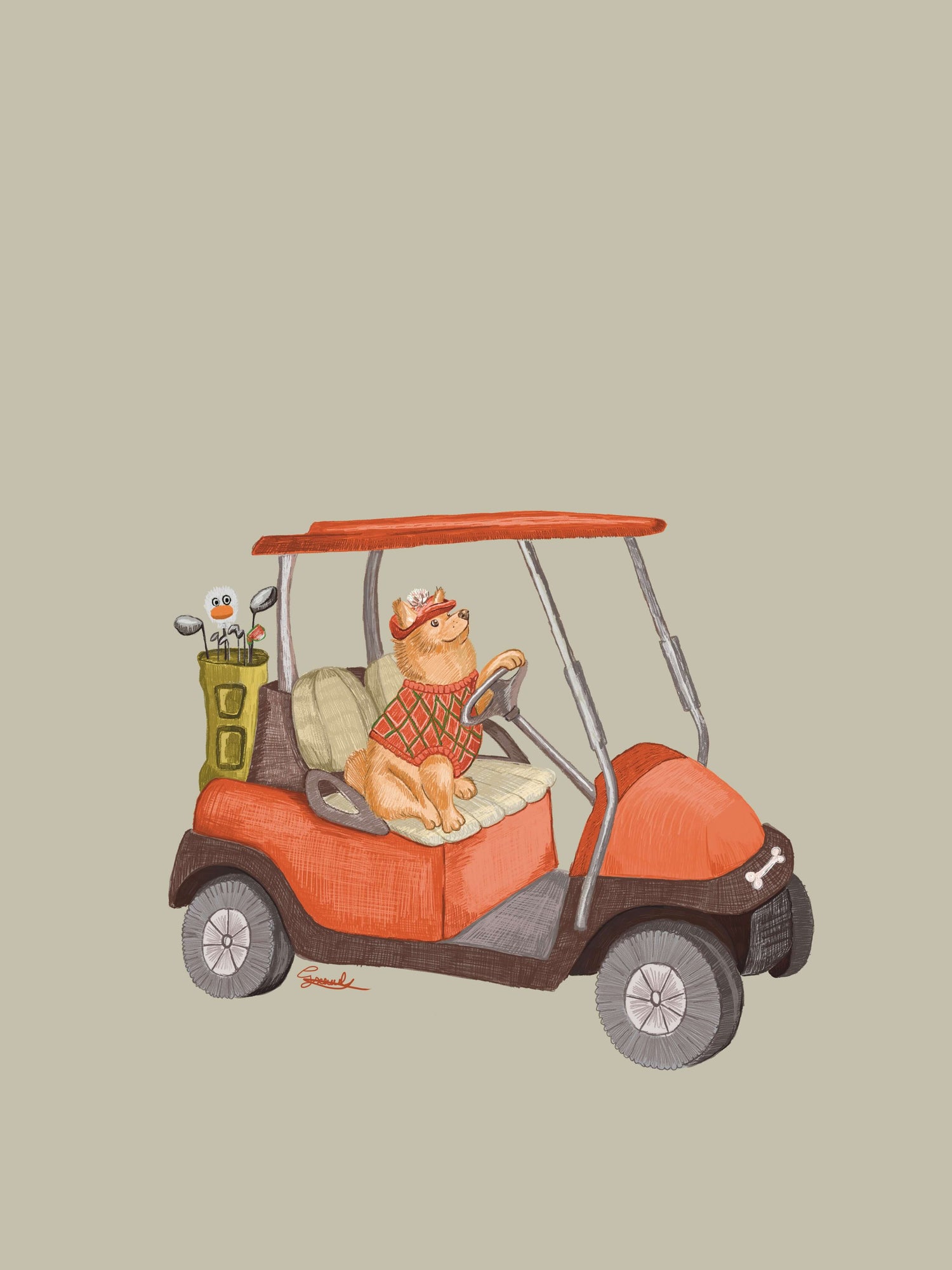 Kids poster shiba inu dog in golf cart pink
