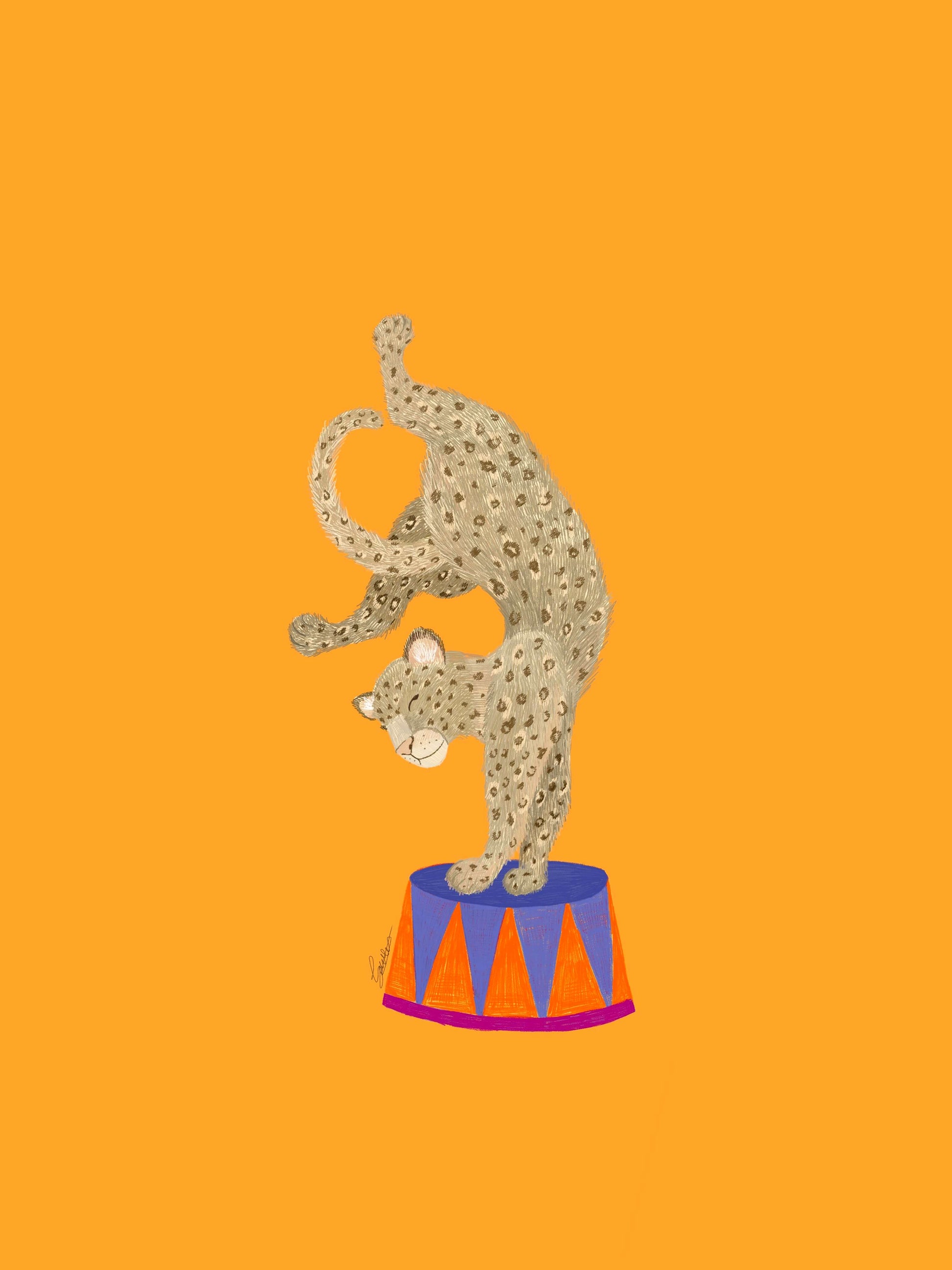 Kids room poster Acrobatic Panther bright orange, colourful design