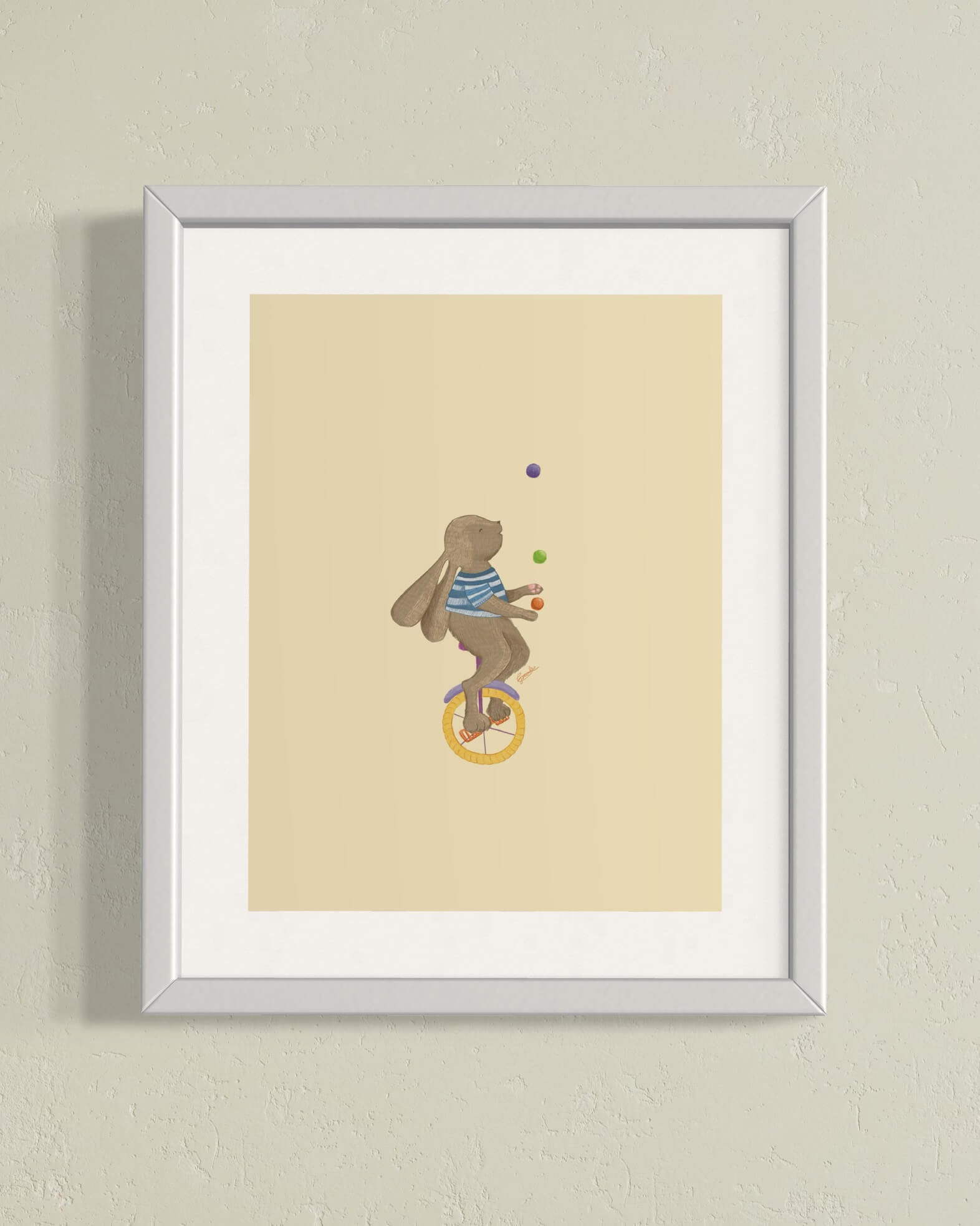 Kids room poster circus bunny pastel yellow in frame on light yellow wall,  trendy kids room design A4 and A3 size