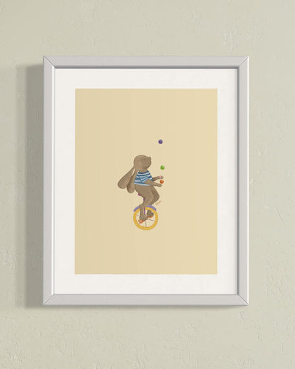 Kids room poster circus bunny pastel yellow in frame on light yellow wall,  trendy kids room design A4 and A3 size