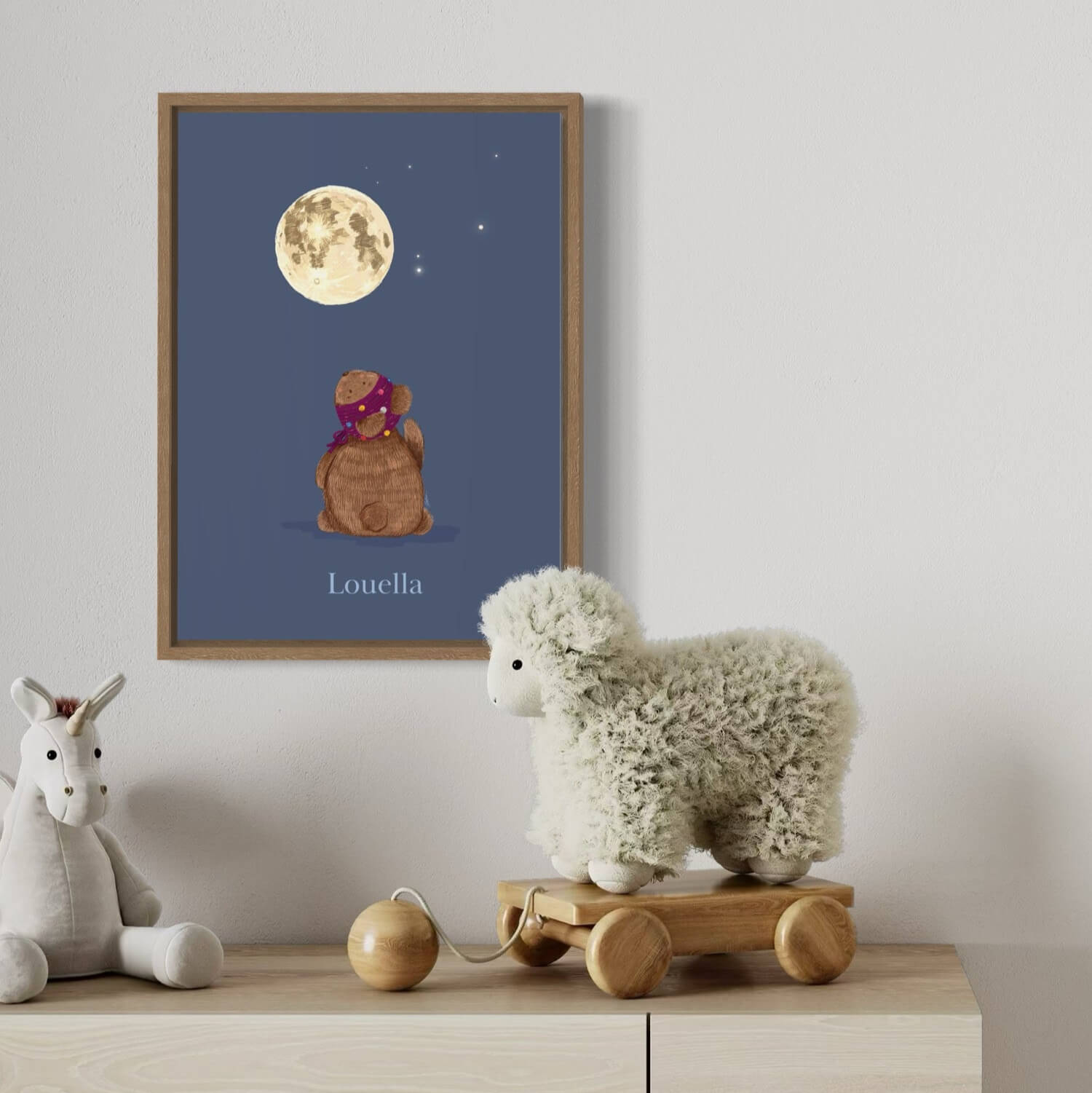 Kids room poster fully personalized with bear with hat and full moon, colourful design A4 and A3 size