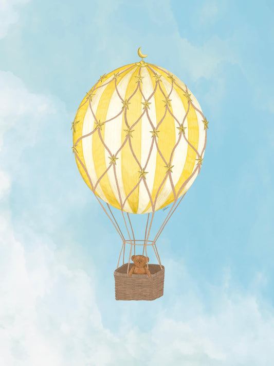 Kids room poster hot air balloon Moonie Bear, colourful design A4 and A3 size