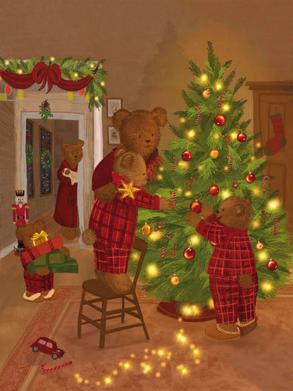 Illustratie van een berenfamilie met drie kinderen en een baby die samen kerst vieren. Warme gepersonaliseerde kerstposter van Blueberry Baby voor de feestdagen.