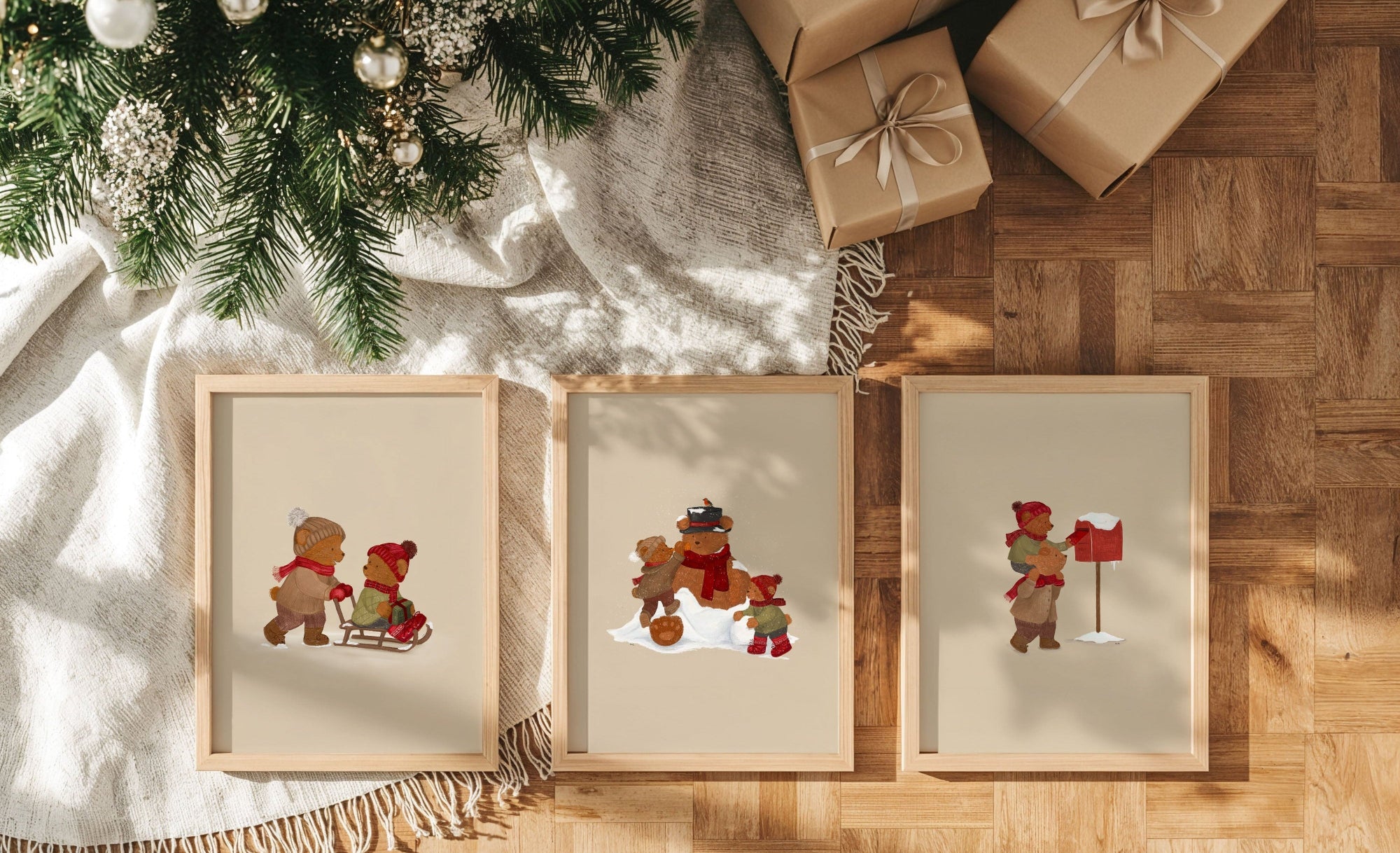 Schattige Kerstposters kinderkamer beren stijl en handgetekende cadeaus voor de feestdagen. 