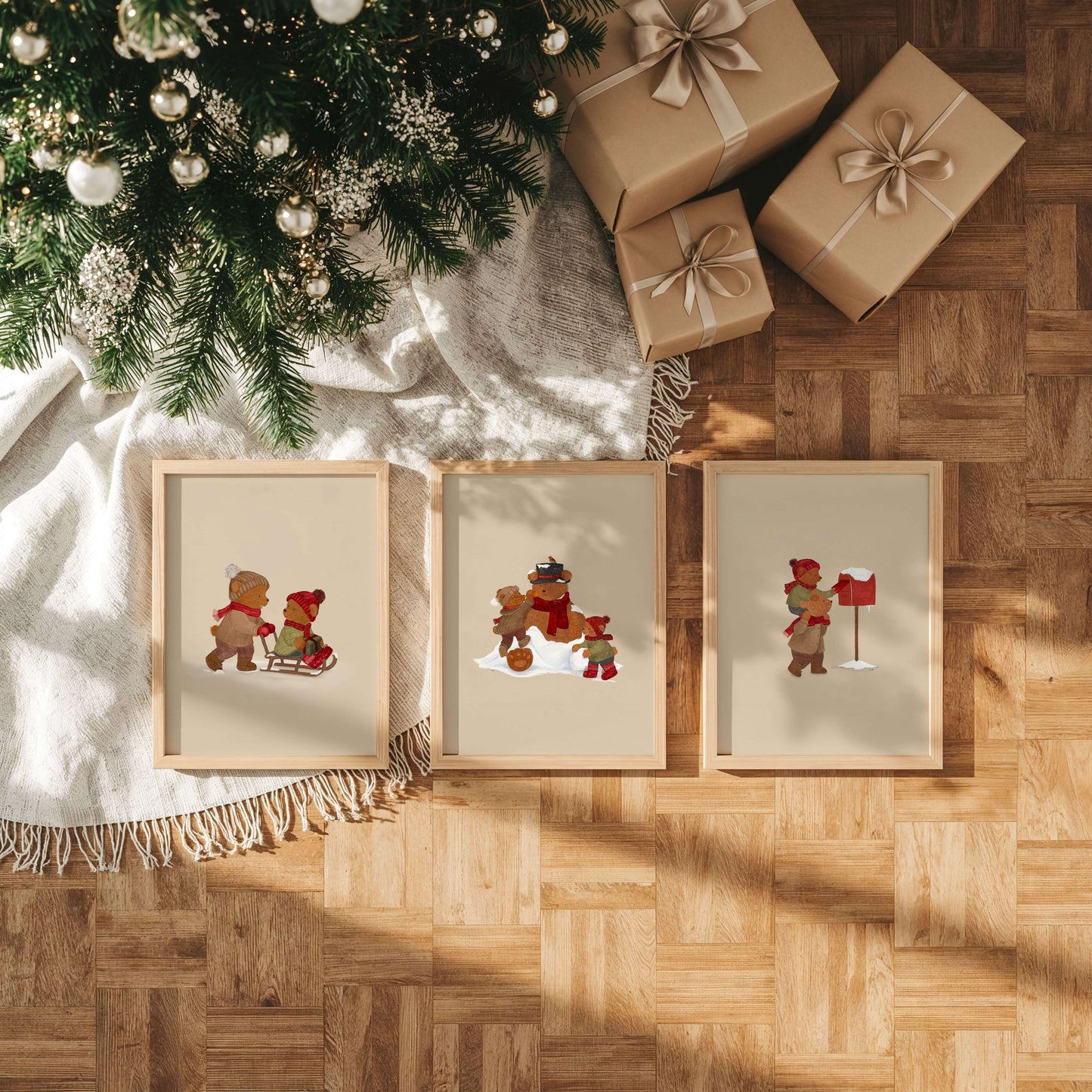 Kerstposter kinderkamer - Beertjes op de slee