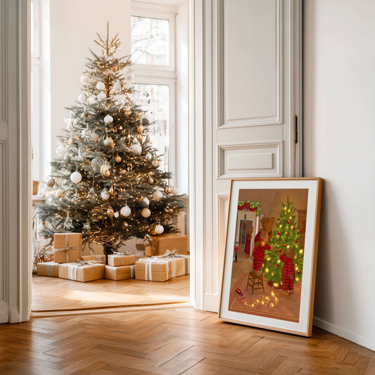 Gepersonaliseerde kerstposter – Berenfamilie bij de kerstboom 30x40cm