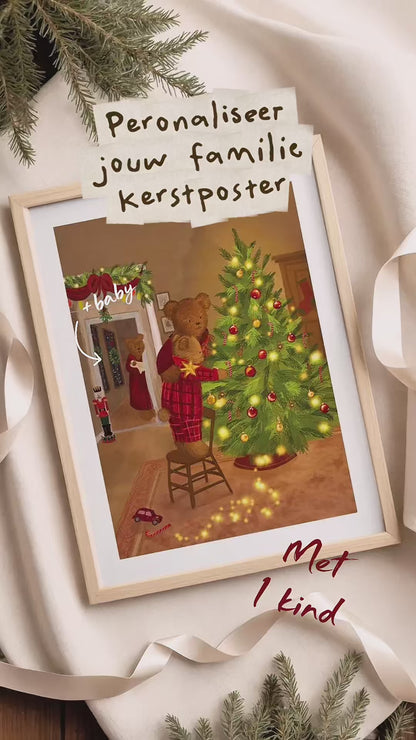Gepersonaliseerde kerstposter – Berenfamilie bij de kerstboom 30x40cm